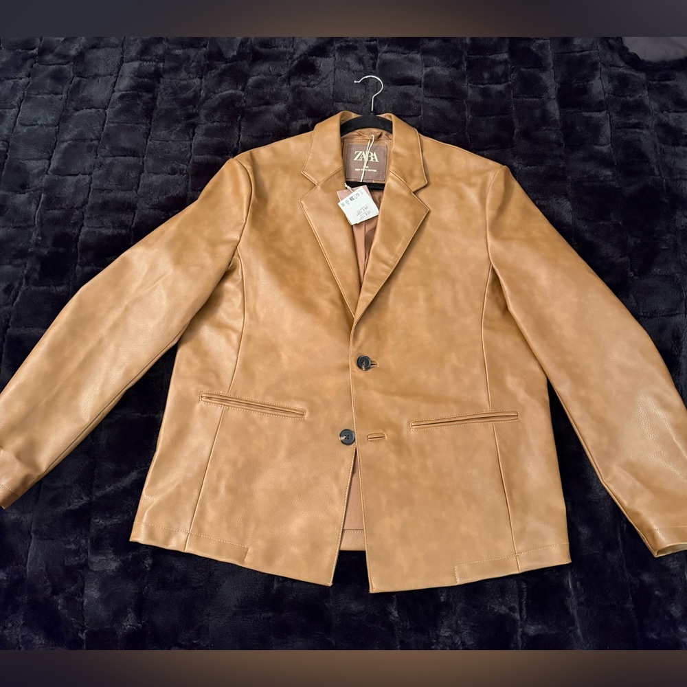Zara Men's Tan/Brown Faux Leather Sport Coat/Blazer